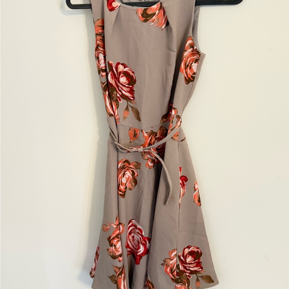 New York & Company Taupe Midi Dress with Red & Pink Floral Print